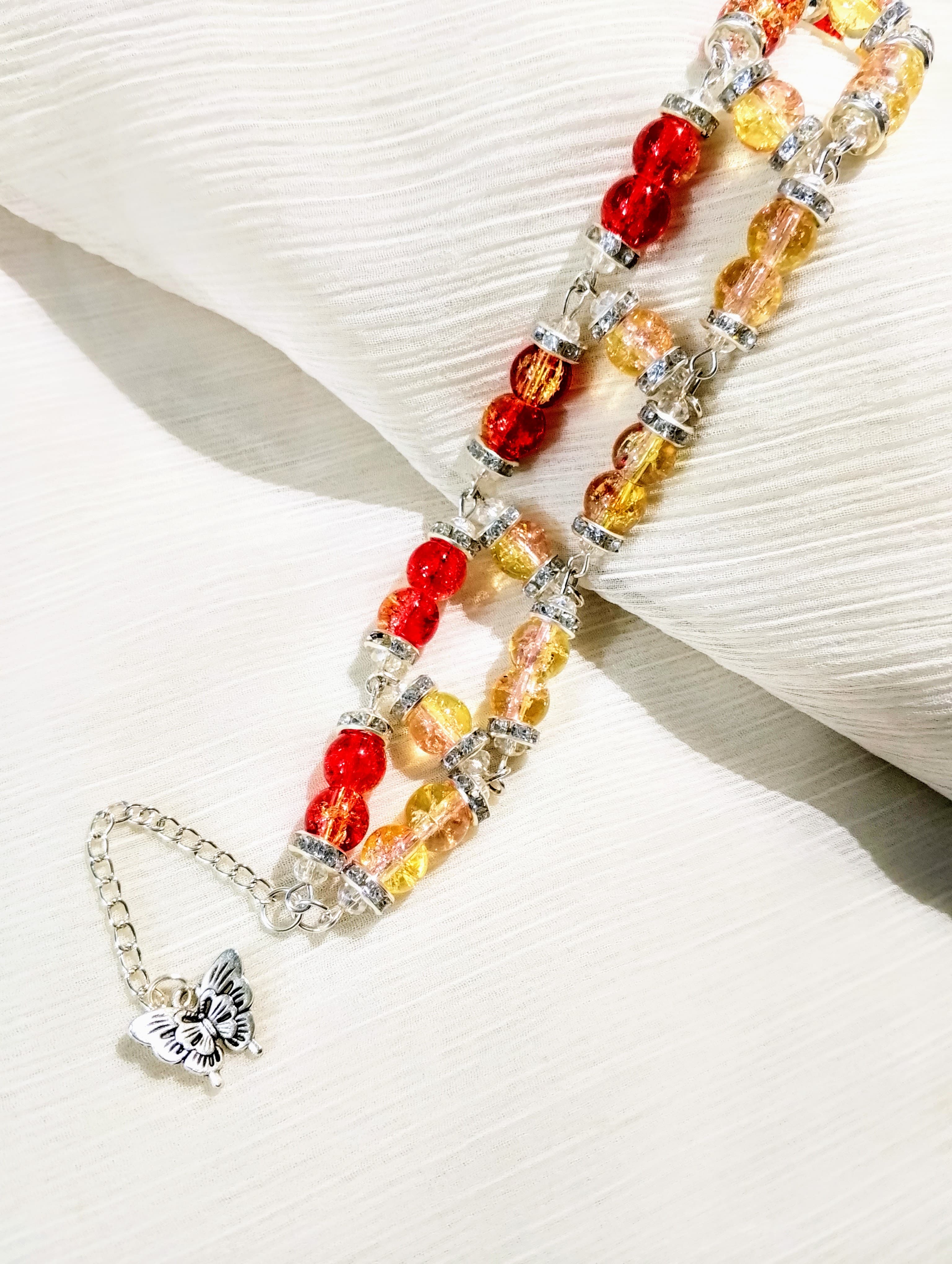 Handmade Double Layer Beaded Bracelet for Girls – Crackle Glass Beads with Butterfly Charm Elegant Stylish Fashion Bracelet