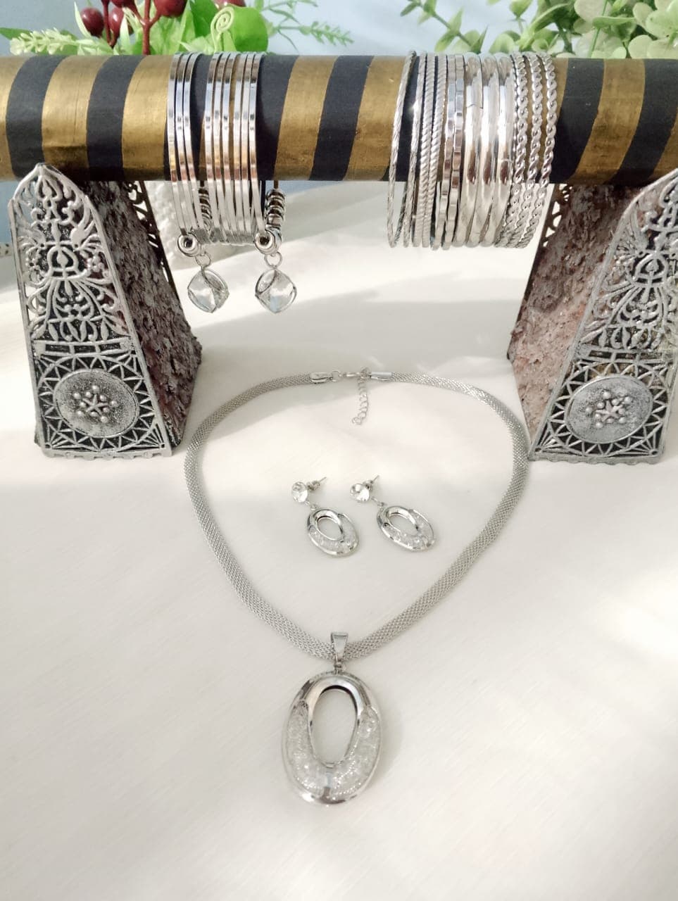 Elegant Silver Jewelry Combo Set for Women | Jewelry– Necklace, Earrings & 2 Sets of Bangles | Stylish Party Wear Fashion Set | Gift Set for Girls & Ladies