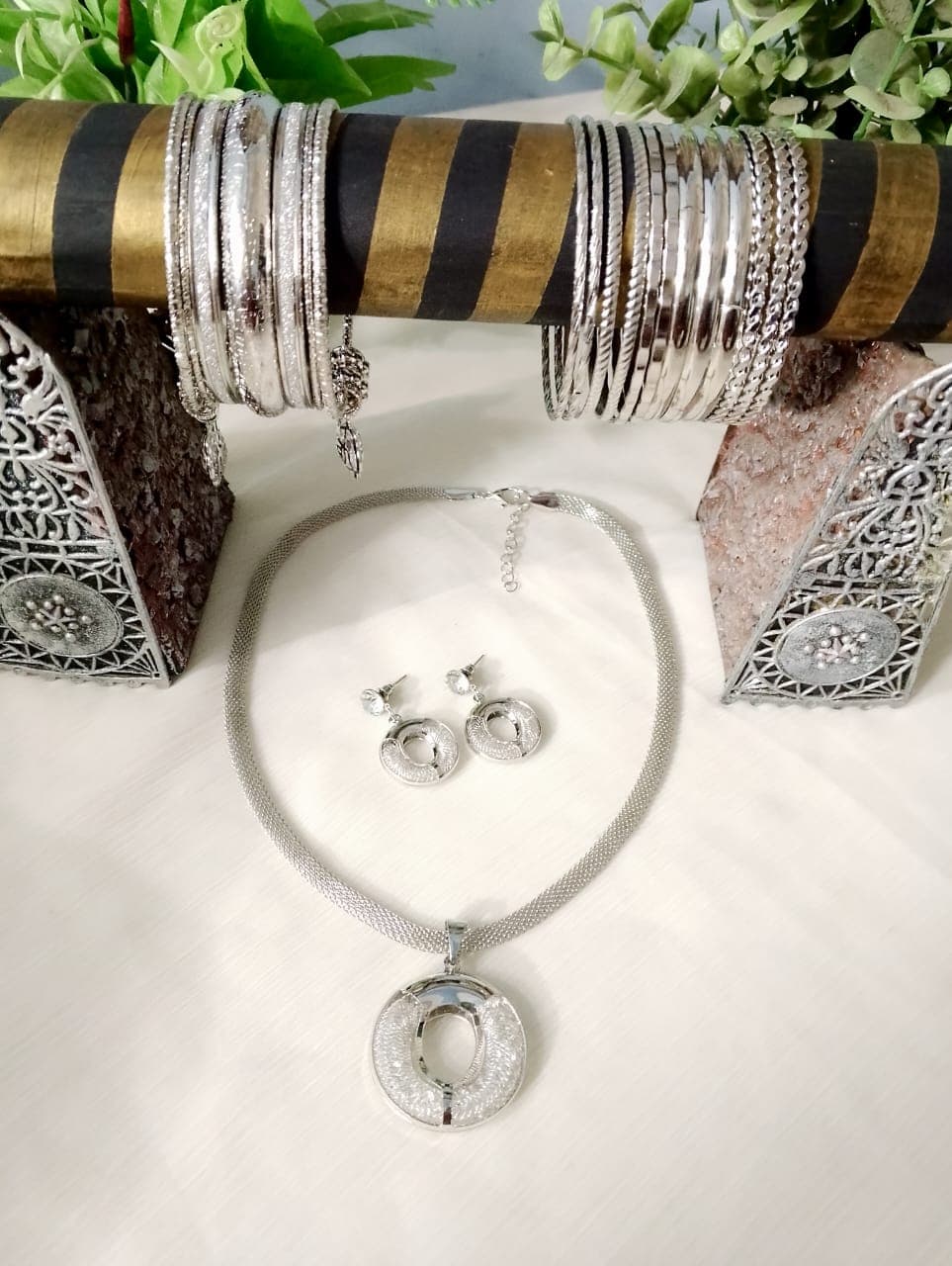 Elegant Silver Jewelry Combo Set for Women | Jewelry– Necklace, Earrings & 2 Sets of Bangles | Stylish Party Wear Fashion Set | Gift Set for Girls & Ladies