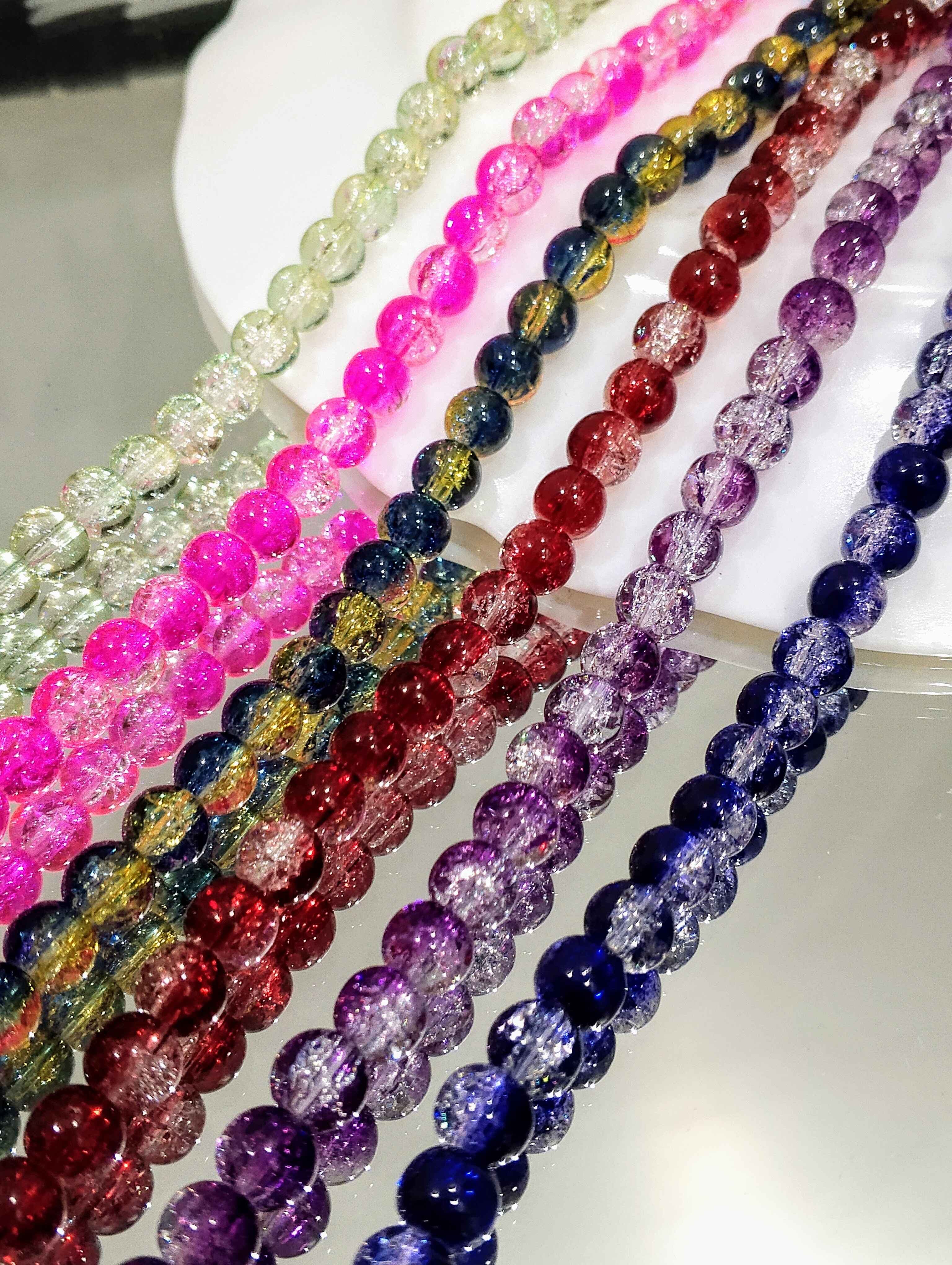 50pcs Glass Crackle Beads – 70 Plus Colors of 8mm Round Shape Beads – Superior Eye-Catching Glitter Shine Multicolor Mix for Jewelry Making