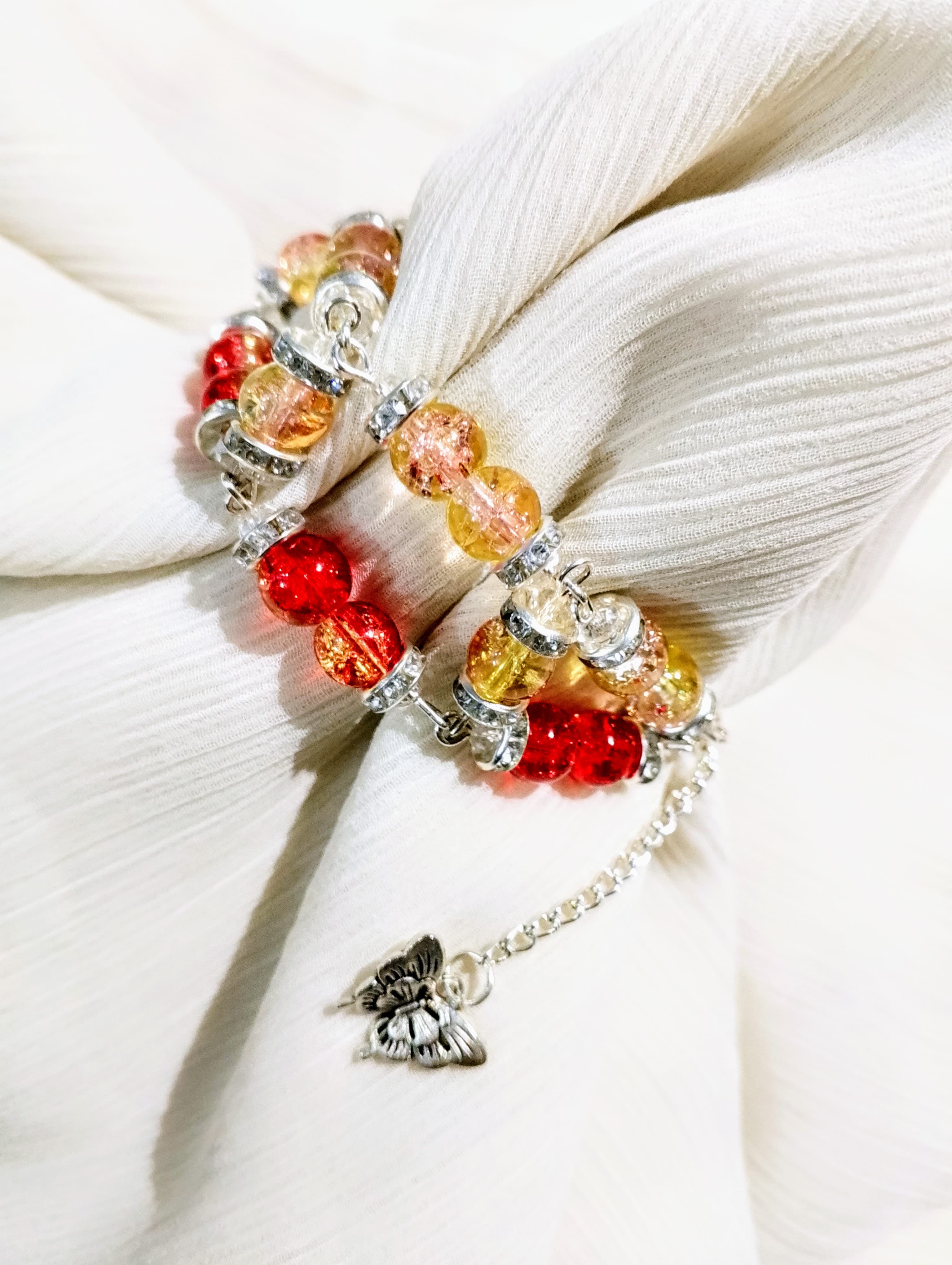 Handmade Double Layer Beaded Bracelet for Girls – Crackle Glass Beads with Butterfly Charm Elegant Stylish Fashion Bracelet