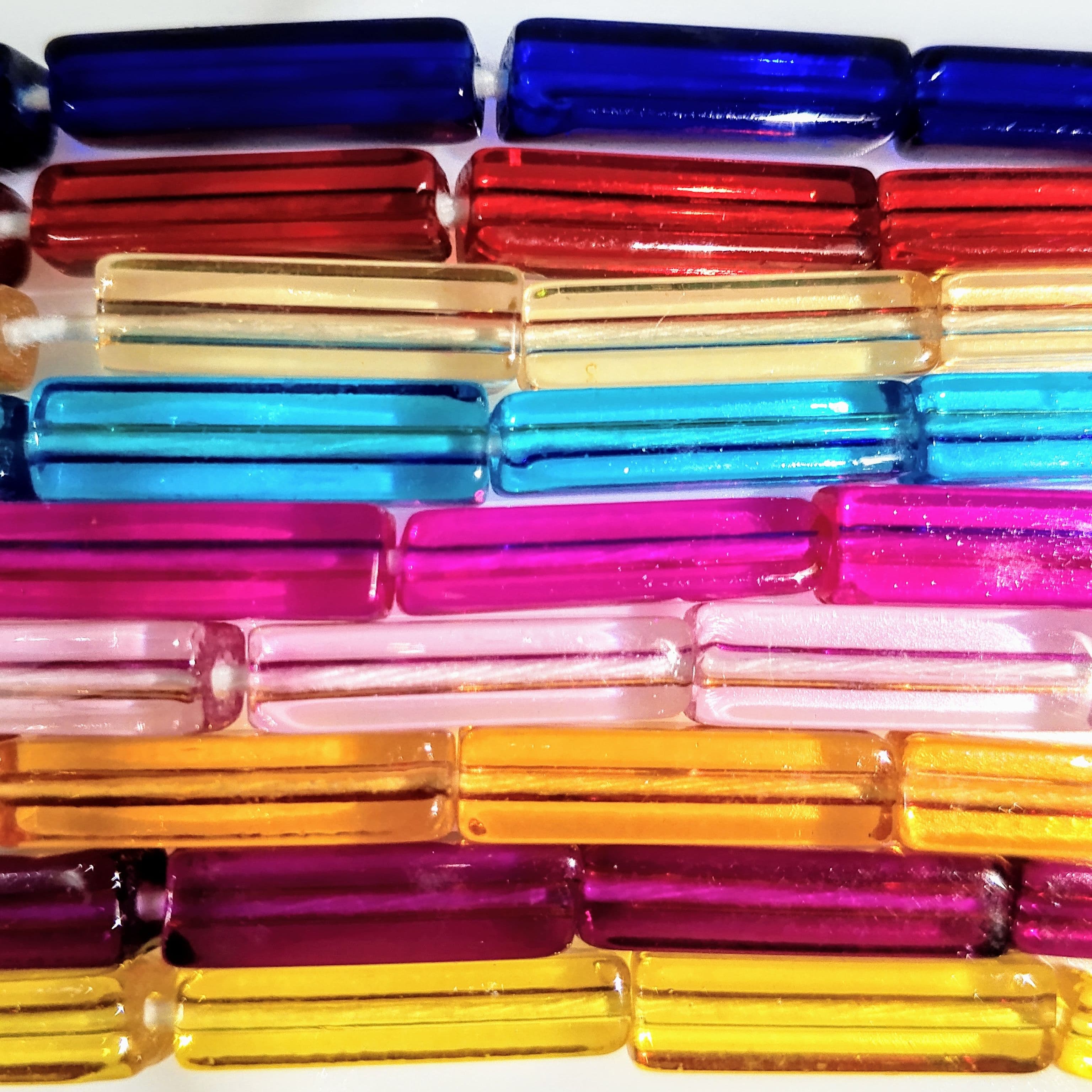 15 Glass Crystal Transparent Multicolor 20mm Square Tube Beads for DIY, Jewelry Making, Crafting – 20mm Long Stick Shape Beads | 28 pcs Mix Set