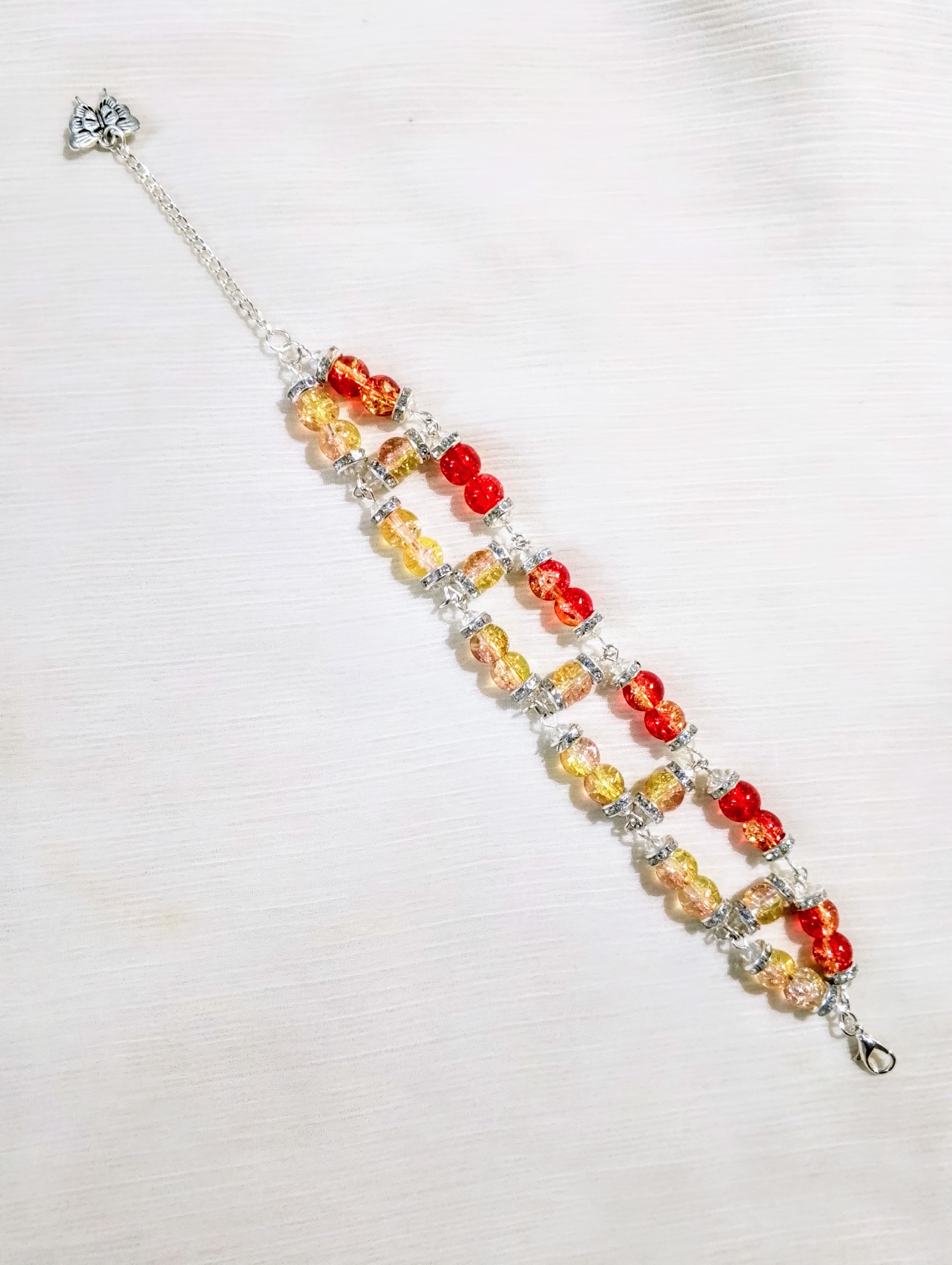 Handmade Double Layer Beaded Bracelet for Girls – Crackle Glass Beads with Butterfly Charm Elegant Stylish Fashion Bracelet