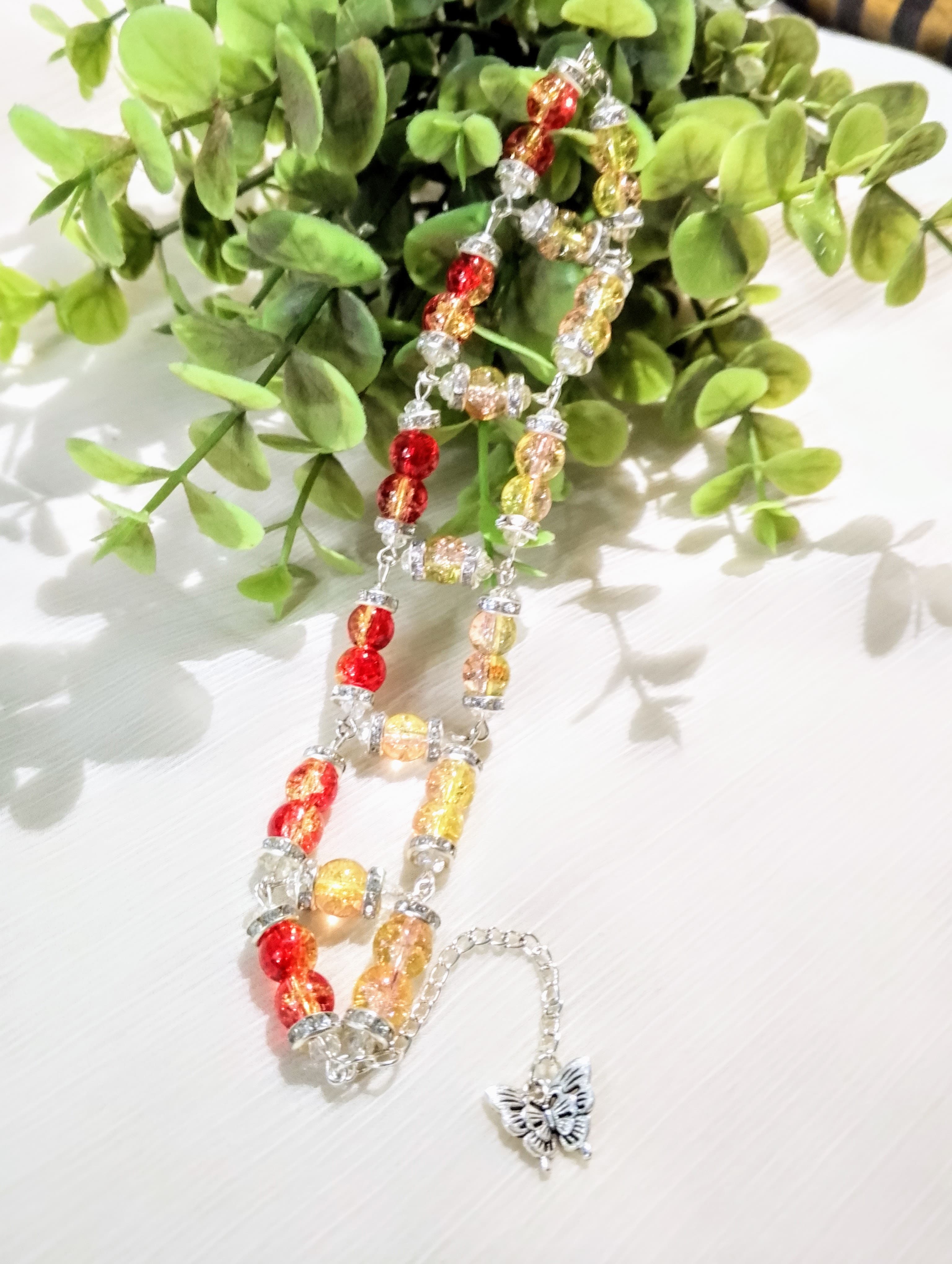 Handmade Double Layer Beaded Bracelet for Girls – Crackle Glass Beads with Butterfly Charm Elegant Stylish Fashion Bracelet
